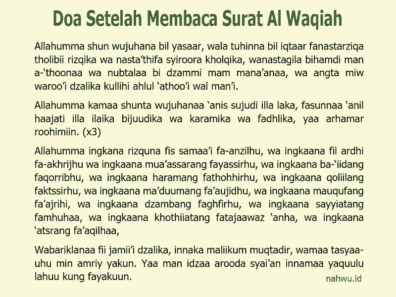 Doa Setelah Membaca Surat Al Waqiah Arab dan Latin